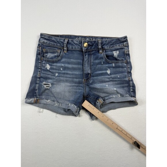 American Eagle Hi-Rise Shortie Denim Shorts Size 10 Distressed Frayed Hem - Picture 7 of 8